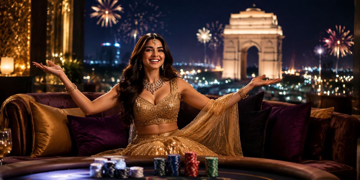 Live casino dealer dealing cards at a table with Indian cultural decor