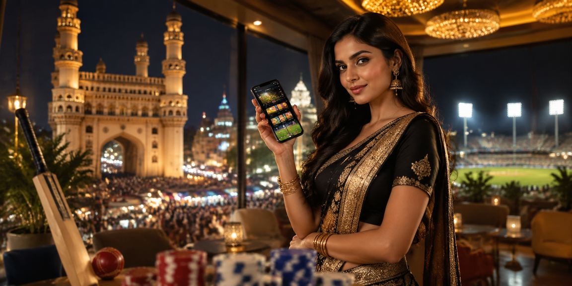 Colorful night market in Hyderabad with cricket betting ad